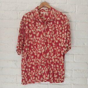 Perry Ellis 100% Silk Shirt Mens XXL 2XL Rust Red Floral Leaves Collar Button Up